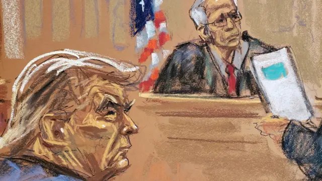 U.S. President Donald Trump and Justice Arthur Engoron of the state Supreme Court listen to opening arguments from his lawyer Alina Habba (not seen), during the trial of Trump, his adult sons, the Trump Organization and others in a civil fraud case brought by state Attorney General Letitia James, at a Manhattan courthouse, in New York City, U.S., October 2, 2023 in this courtroom sketch