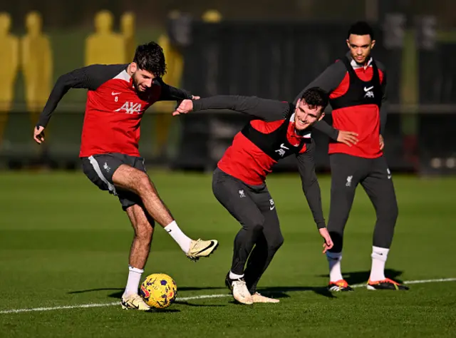Dominik Szoboszlai and Andy Robertson of Liverpool during a training session