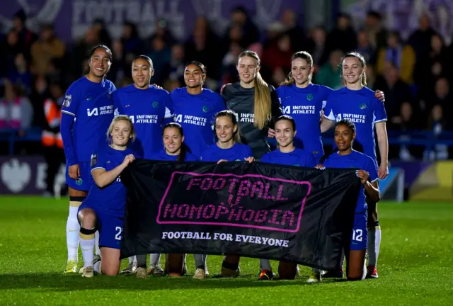 Chelsea players with Football v Homophobia banner.