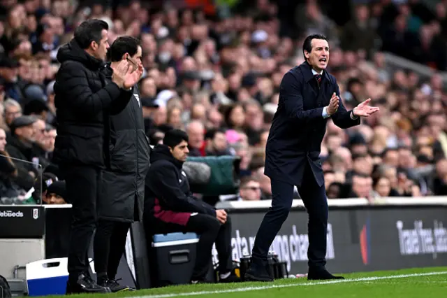 Unai Emery, Manager of Aston Villa, gives the team instructions