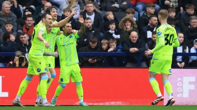 Blackburn celebrate Sam Gallagher's goal at Deepdale