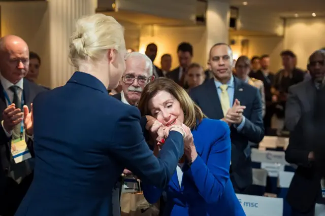 former US Speaker Nancy Pelosi (R) meets Yulia Navalnaya, wife of late Russian opposition leader Alexei Navalny, during the 60th Munich Security Conference (MSC) at the 'Bayerischer Hof' hotel in Munich, Germany, 16 February 2024