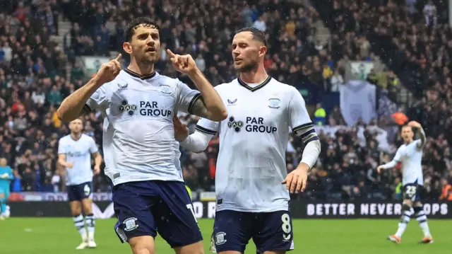 Robbie Brady celebrates scoring for Preston against Blackburn