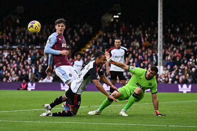 Bobby Reid of Fulham is challenged by Pau Torres and Emiliano Martinez