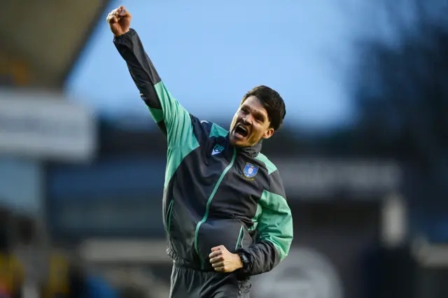 Sheff Wed boss Danny Rohl celebrates his side's win at Millwall