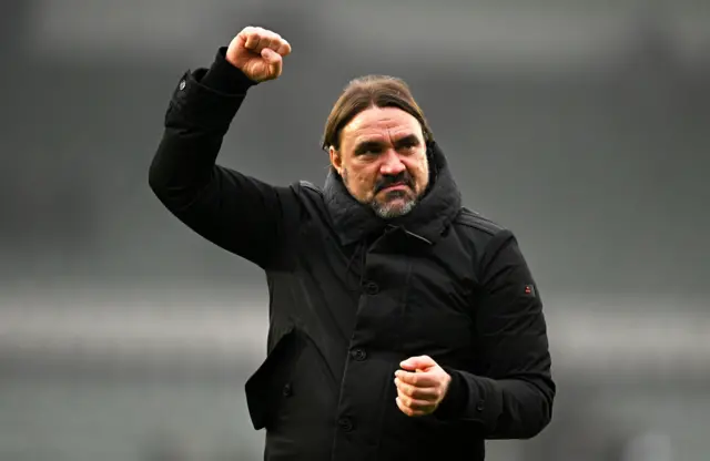 Daniel Farke celebrates his side's win at Plymouth