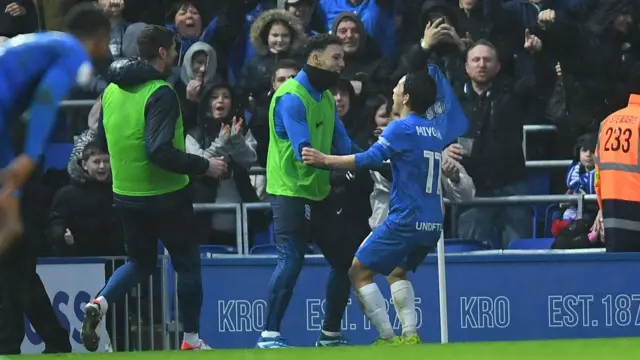 Koji Miyoshi celebrates putting Birmingham 2-1 up against Sunderland