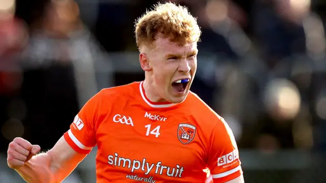 Conor Turbitt celebrates after notching Armagh's opening goal in Carlow