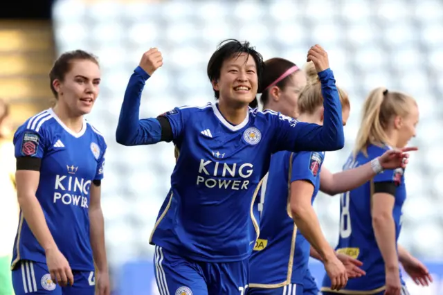 Takarada celebrates scoring Leicester's second goal v Bristol.