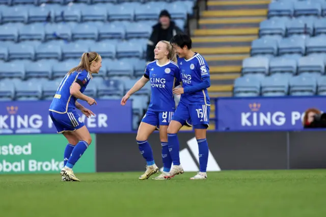 Rantala is congratulated by teammates after scoring Leicester's fourth goal v Bristol.