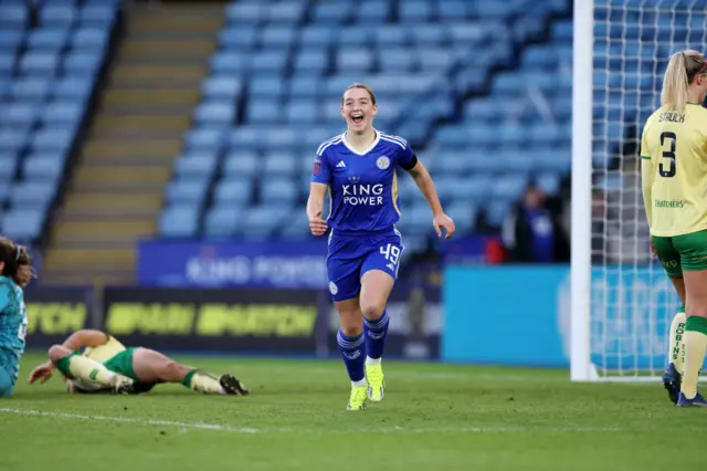 Denny Draper runs away to celebrate her first senior goal for Leicester.