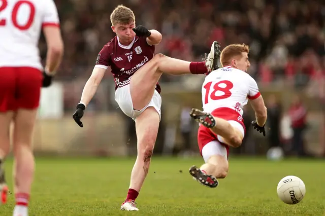 Peter Harte produces a brilliant block as Galway's Liam O Conghaile attempts a shot