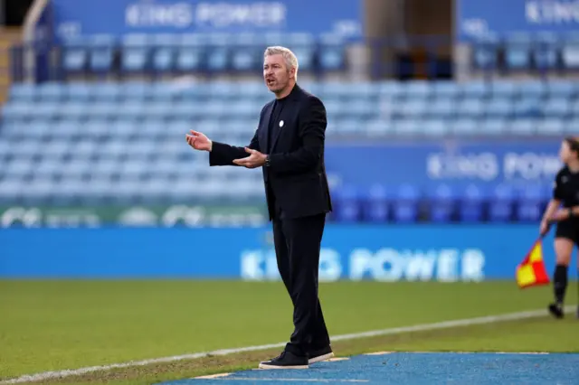 Leicester boss Willie Kirk gives instructions from the touchline.