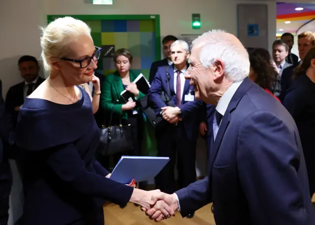 Josep Borrell and Yulia Navalnaya shake hands after the meeting in Brussels, 19 February 2024