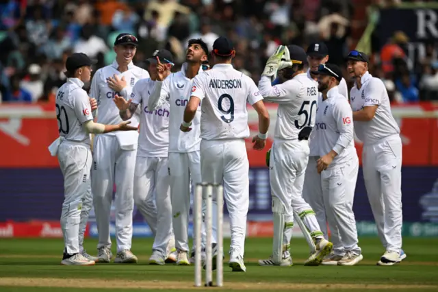 Shoaib Bashir celebrates the wicket of Rohit Sharma