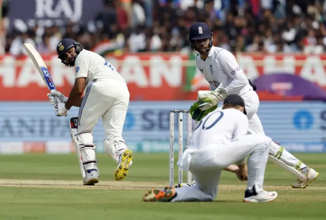 Rohit Sharma is caught by Oliie Pope