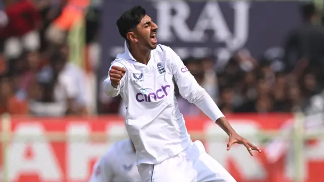 Shoaib Bashir celebrates the wicket of Rohit Sharma