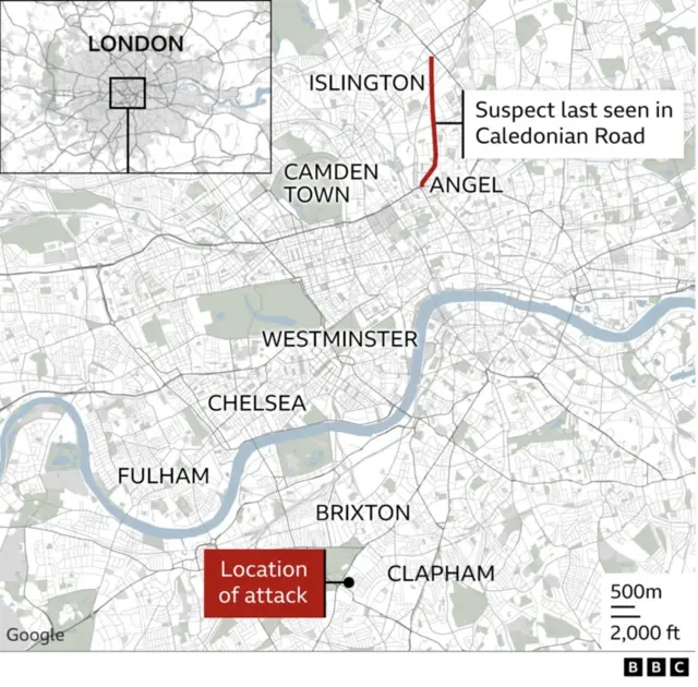A map of central London, showing the location of the attack (Clapham) and the area Ezedi fled to (between Islington and Angel)