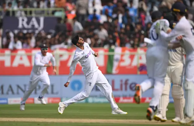 Shoaib Bashir celebrates the wicket of Rohit Sharma