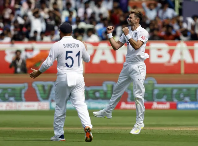 James Anderson celebrates the wicket of Shubman Gill