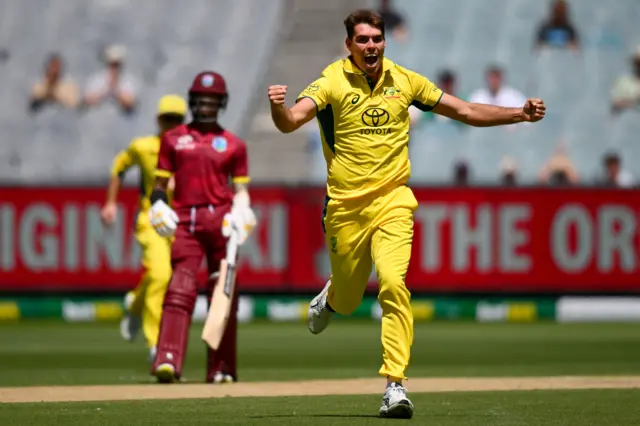 Australia's Xavier Bartlett celebrates taking a wicket in the first ODI against West Indies