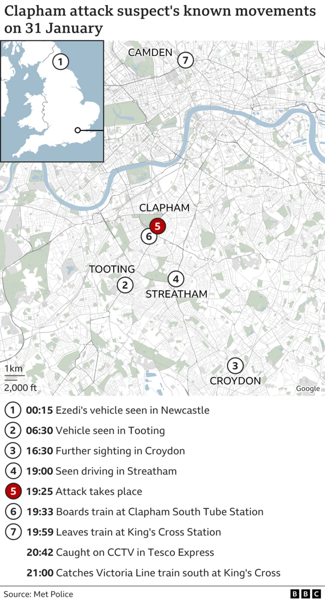 Timeline map showing the last known movements of Ezedi