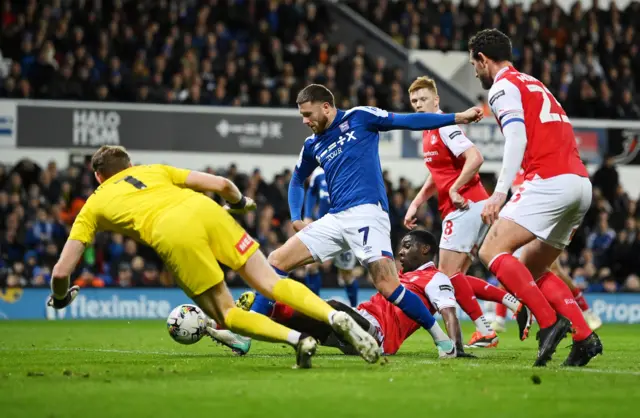 Wes Burns scores Ipswich's third goal against Rotherham