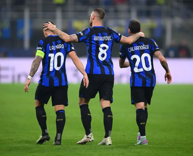 Arnautovic is congratulated by teammates after scoring for Inter.