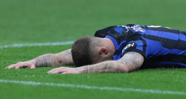 Arnautovic lies flat on his face after missing a huge chance.