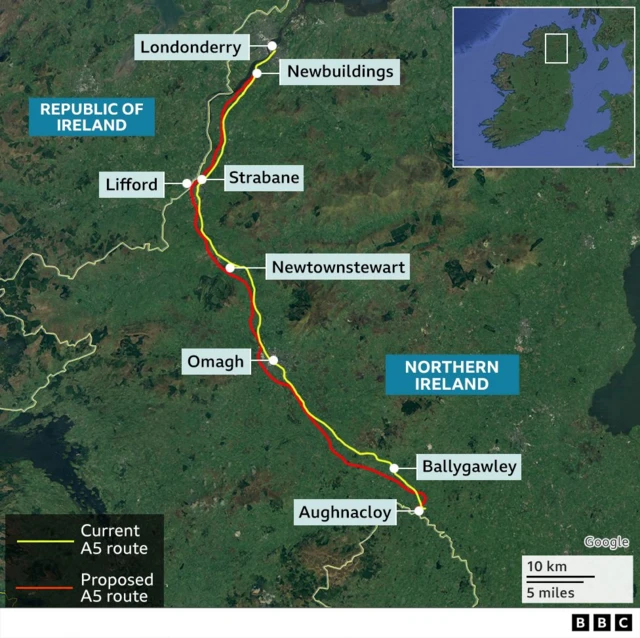 Map of A5 and proposed dual-carriageway