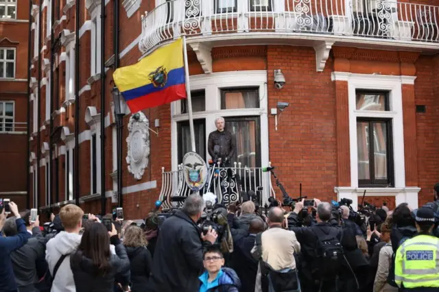 Julian Assange speaking on the balcony of the Ecuadorian embassy in London in May 2017