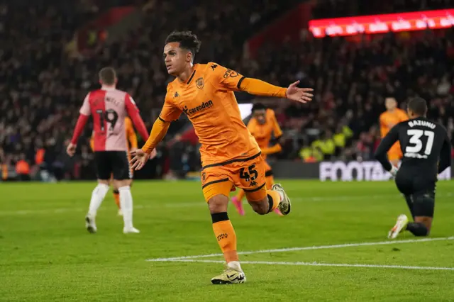 Fabio Carvalho celebrates scoring Hull's second goal at Southampton