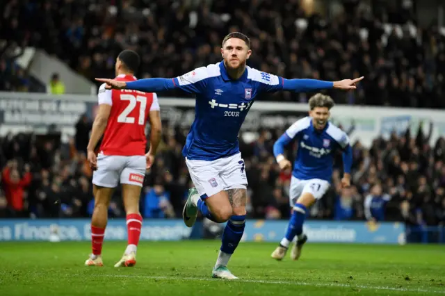 Wes Burns celebrates scoring for Ipswich