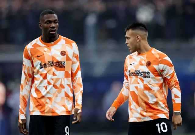 Thuram and Lautaro queue up for shooting practice at San Siro.