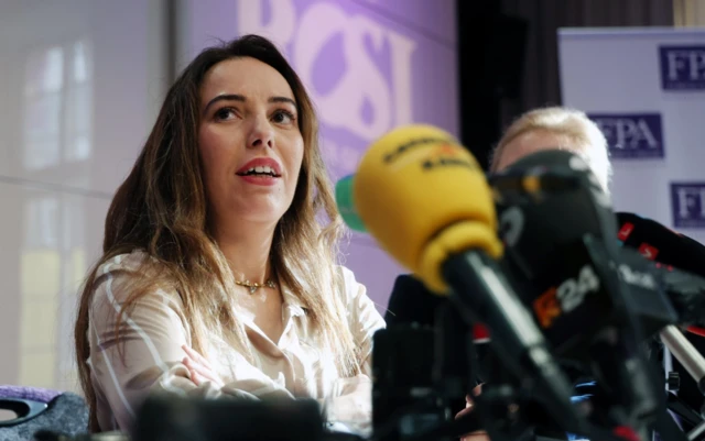 Wife of Wikileaks founder Julian Assange, Stella Assange speaks to the media during a press conference In London