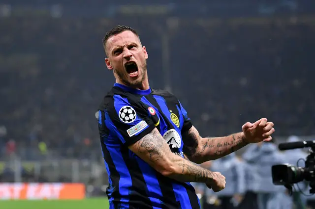 Arnautovic celebrates wildly after giving Inter the lead.