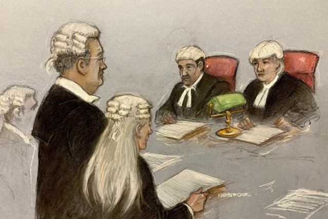 Court artist sketch of lawyers and judges at High Court listening to Julian Assange case