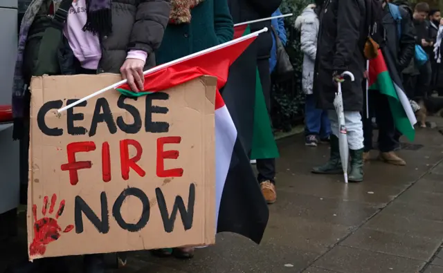 Person holding sign reading 'ceasefire now' with Palestine flag, standing outside Parliament during debate