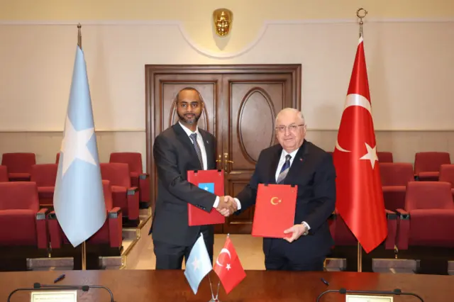 Turkish Defense Minister Yasar Guler (R) poses for a photo with Minister of Defense of Somalia Abdulkadir Mohamed Nur (L)