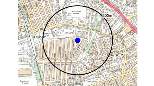 A map showing the 300m area cordoned off around the unexploded bomb found in Plymouth