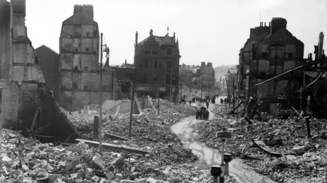 Destroyed building in Plymouth after bombing in World War Two