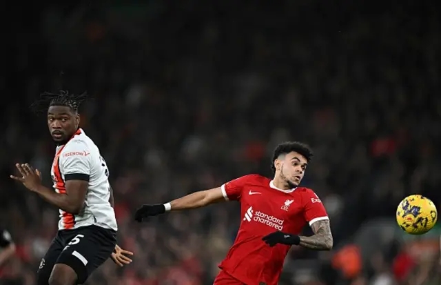 Teden Mengi (L) and Liverpool's Colombian midfielder Luis Diaz