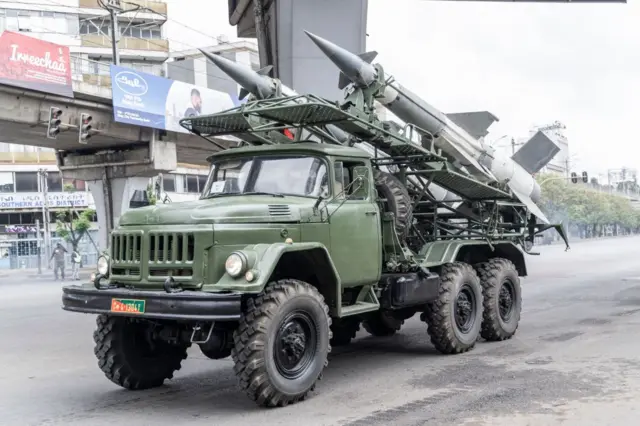 Military vehicles are seen during the 116th celebration of Ethiopian National Defense Force in Addis Ababa, Ethiopia on October 26, 2023.