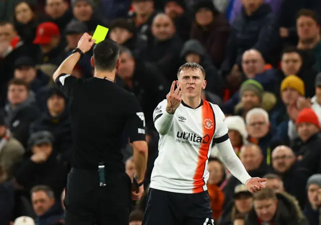 Alfie Doughty protests it's his first foul to the referee