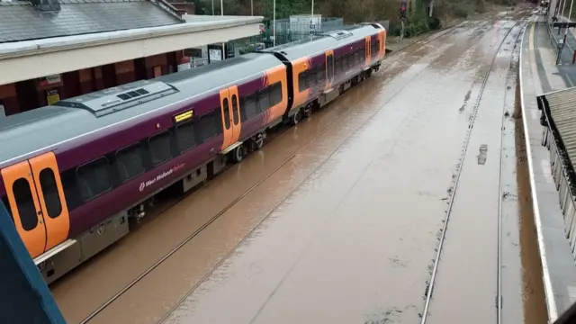 The flooded station at Wellington, Shropshire