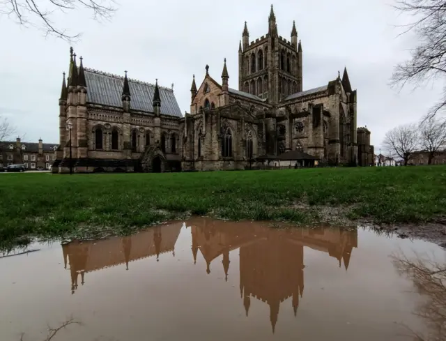 Soggy ground around Hereford Cathedral on Thursday