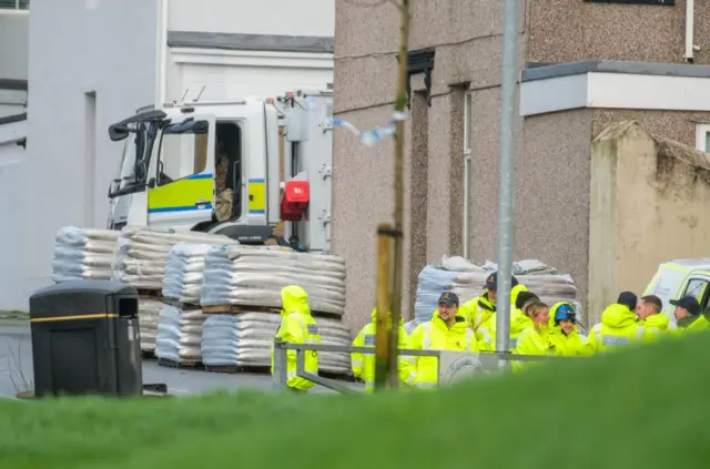 Emergency services in the cordon in Keyham