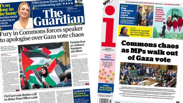 The Guardian and i Newspaper front pages for Thursday