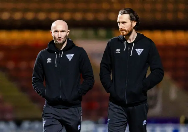 Dunfermline's Chris Kane (L) and Joe Chalmers arrive before a cinch Championship match between Partick Thistle and Dunfermline at the Wyre Stadium at Firhill, on February 23, 2024, in Glasgow, Scotland.