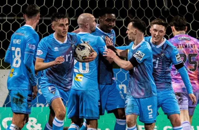 Dunfermline's Malachi Fegan-Walcott celebrates scoring to make it 1-1 eith his teammates during a cinch Championship match between Partick Thistle and Dunfermline at the Wyre Stadium at Firhill, on February 23, 2024, in Glasgow, Scotland.